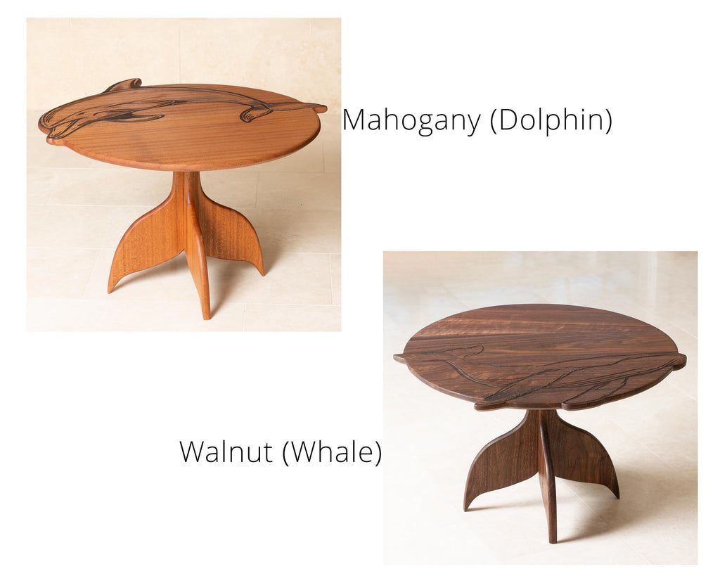 Whale Engraved Coffee Table | Round Hardwood Table | Artisan Handmade End Table