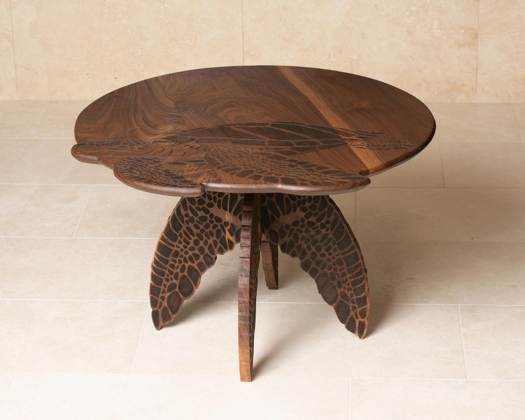 Turtle Engraved Coffee Table | Round Hardwood Table | Artisan Handmade End Table