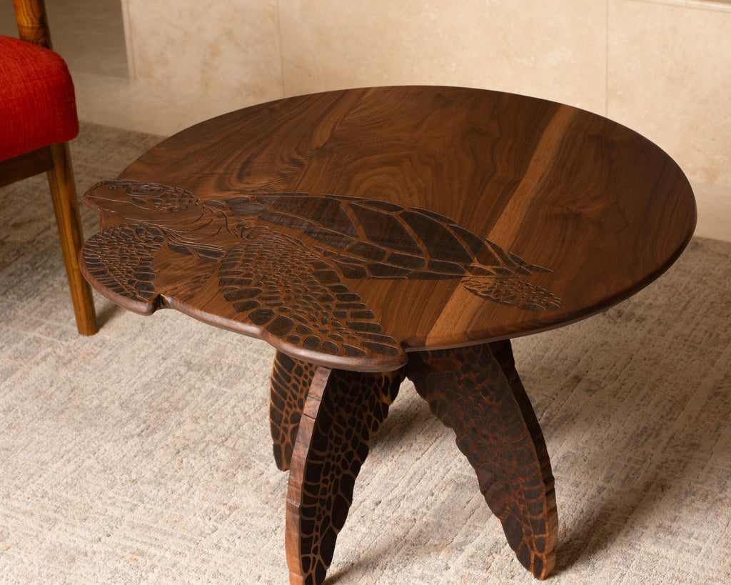 Turtle Engraved Coffee Table | Round Hardwood Table | Artisan Handmade End Table