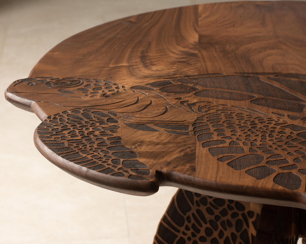 Turtle Engraved Coffee Table | Round Hardwood Table | Artisan Handmade End Table