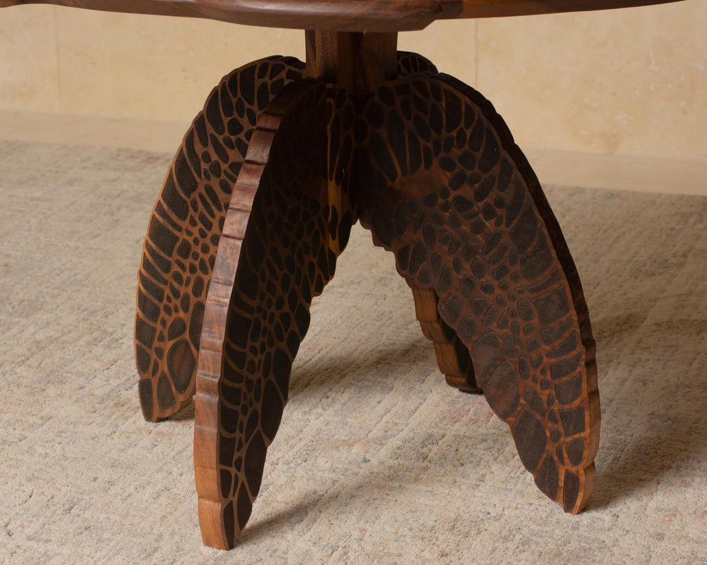 Turtle Engraved Coffee Table | Round Hardwood Table | Artisan Handmade End Table