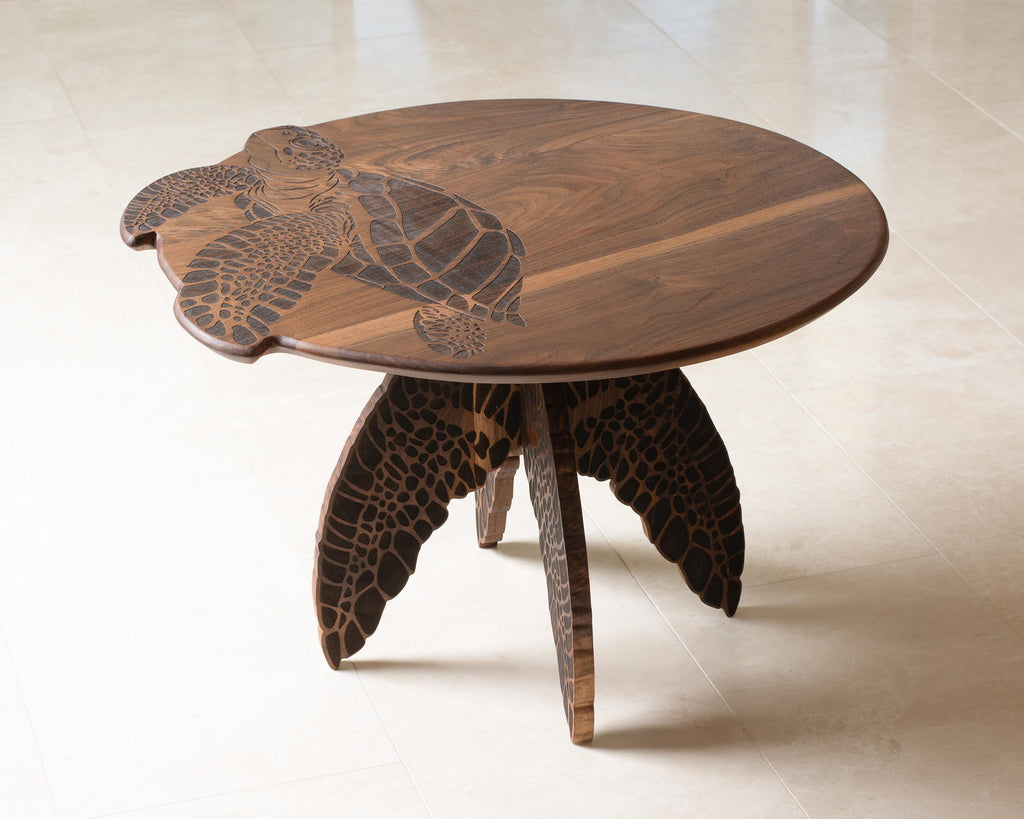 Turtle Engraved Coffee Table | Round Hardwood Table | Artisan Handmade End Table