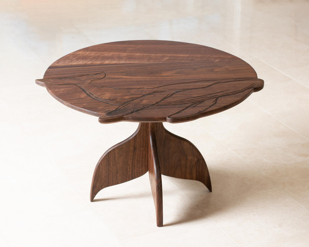 Whale Engraved Coffee Table | Round Hardwood Table | Artisan Handmade End Table