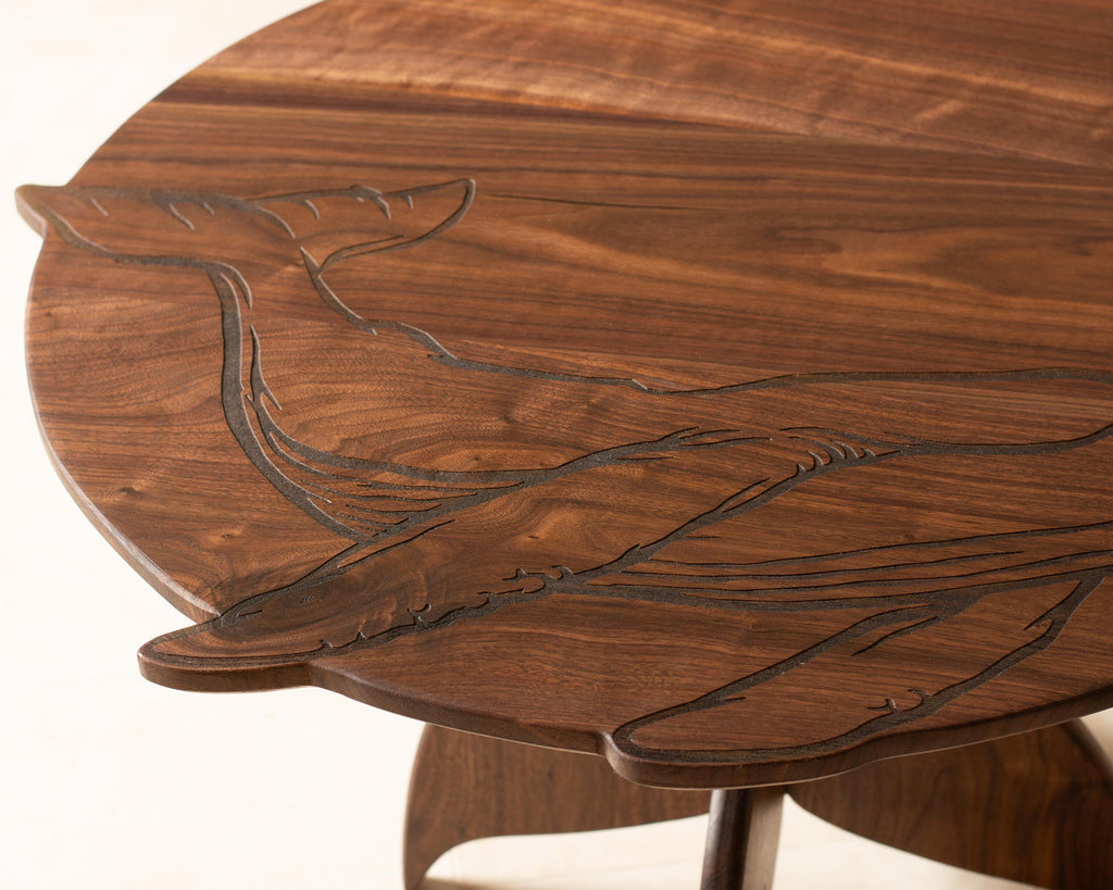 Whale Engraved Coffee Table | Round Hardwood Table | Artisan Handmade End Table