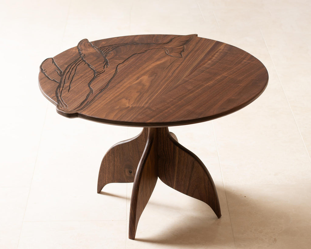 Whale Engraved Coffee Table | Round Hardwood Table | Artisan Handmade End Table