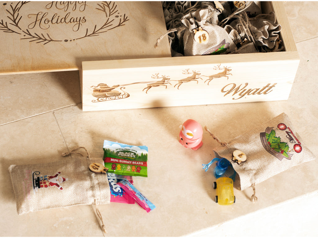 Personalized Advent Calendar – 24 Burlap Bags in Engraved Box – Christmas Countdown – Filled or Empty Option - Reusable every year!