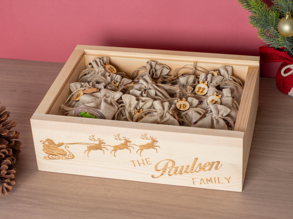 Personalized Coffee Advent Calendar – 24 Burlap Bags in Engraved Box – Christmas Countdown - Reusable every year!
