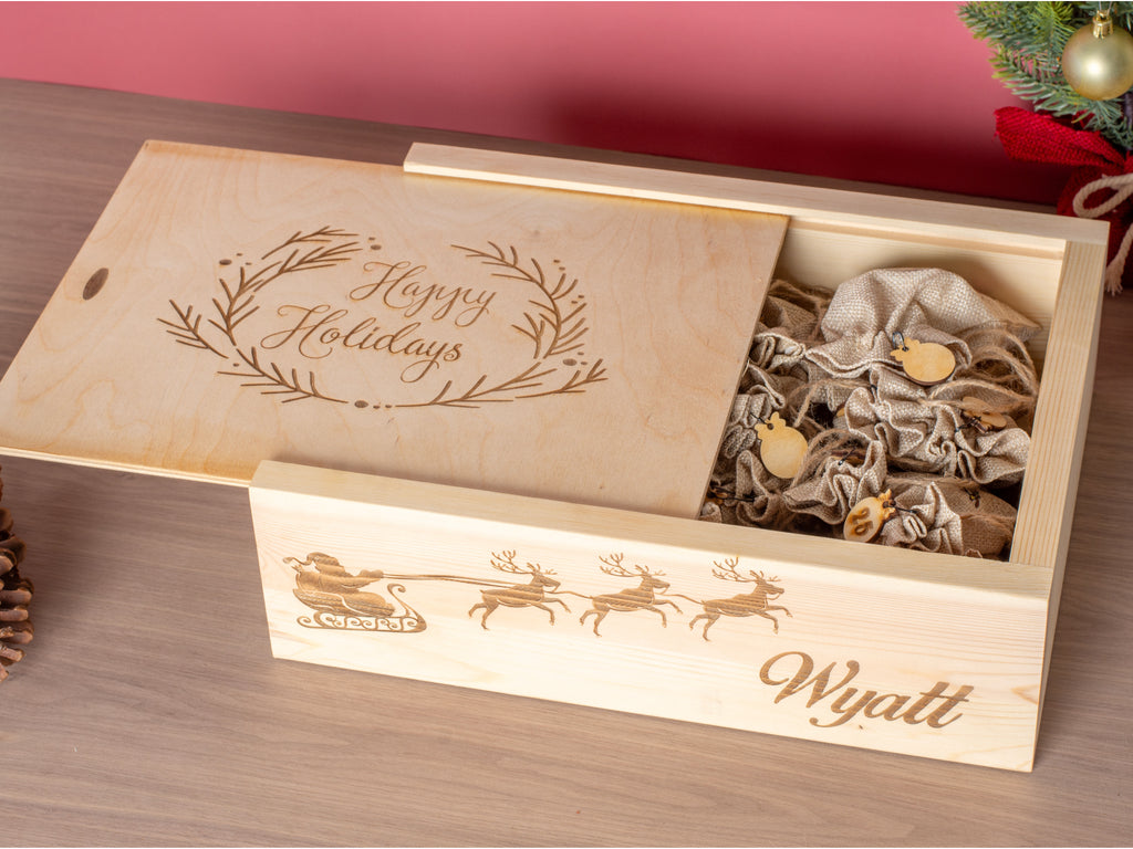 Personalized Coffee Advent Calendar – 24 Burlap Bags in Engraved Box – Christmas Countdown - Reusable every year!