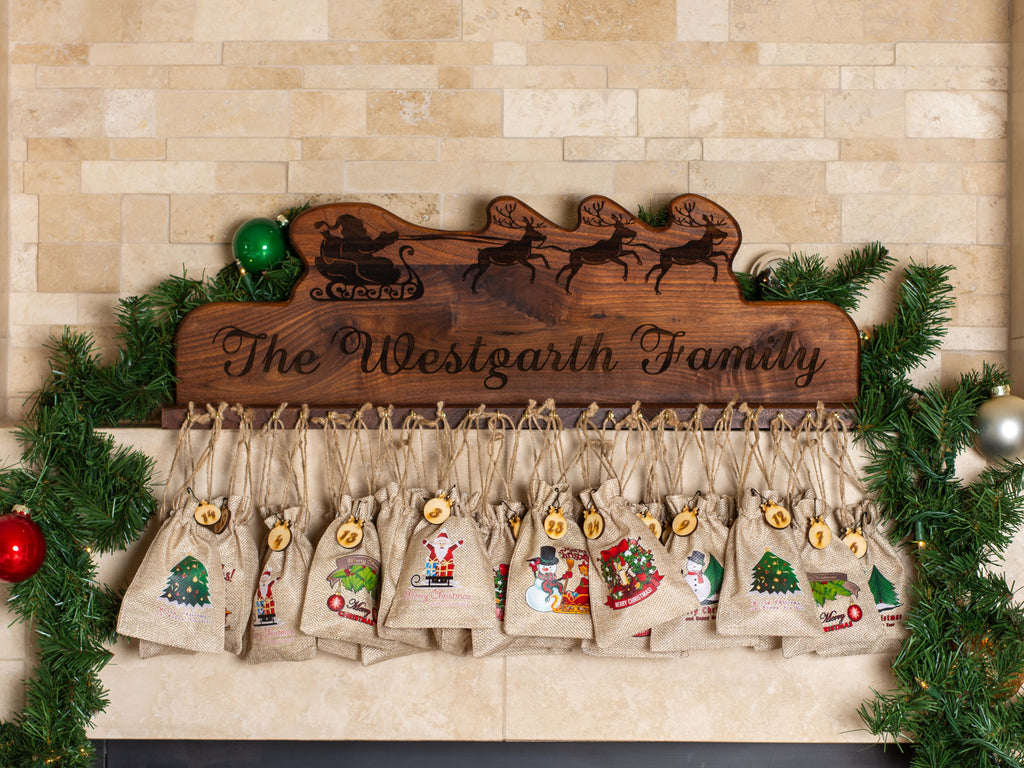 Personalized Mantel Advent Calendar - 24 Numbered Burlap Bags, Filled or Unfilled - 3 Holiday Designs, 4 Wood Options