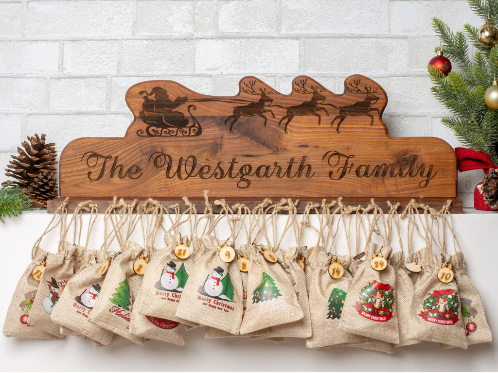 Personalized Mantel Advent Calendar - 24 Numbered Burlap Bags, Filled or Unfilled - 3 Holiday Designs, 4 Wood Options