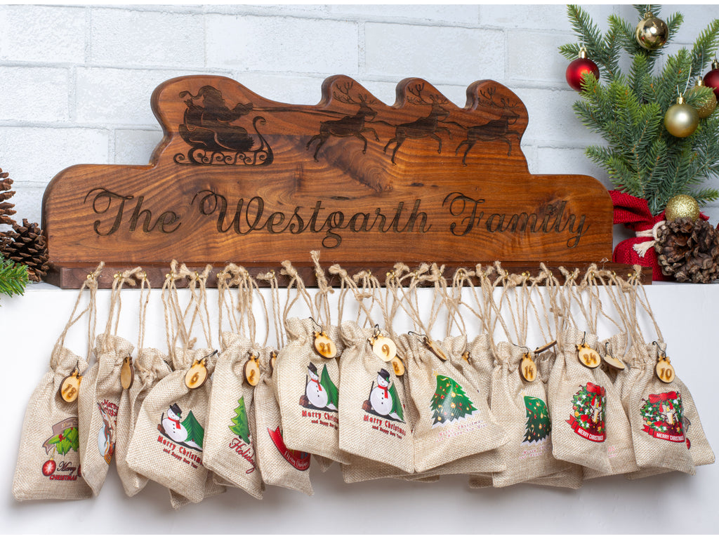 Personalized Mantel Advent Calendar - 24 Numbered Burlap Bags, Filled or Unfilled - 3 Holiday Designs, 4 Wood Options