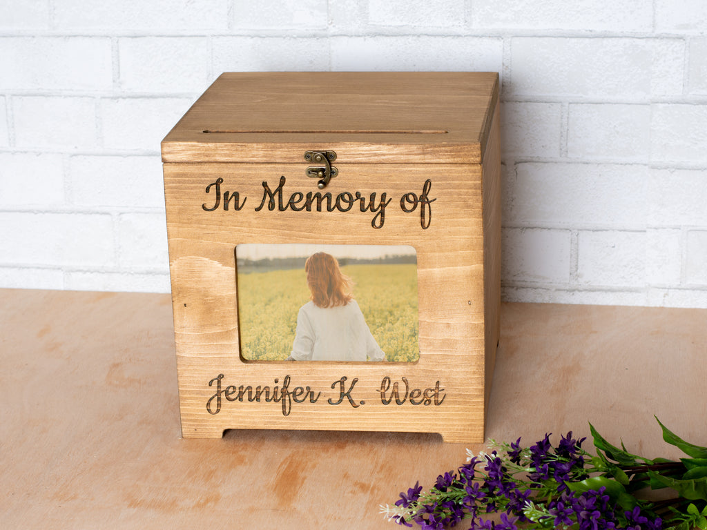 Memorial Card Box, Personalized Wood with Picture Frame Front