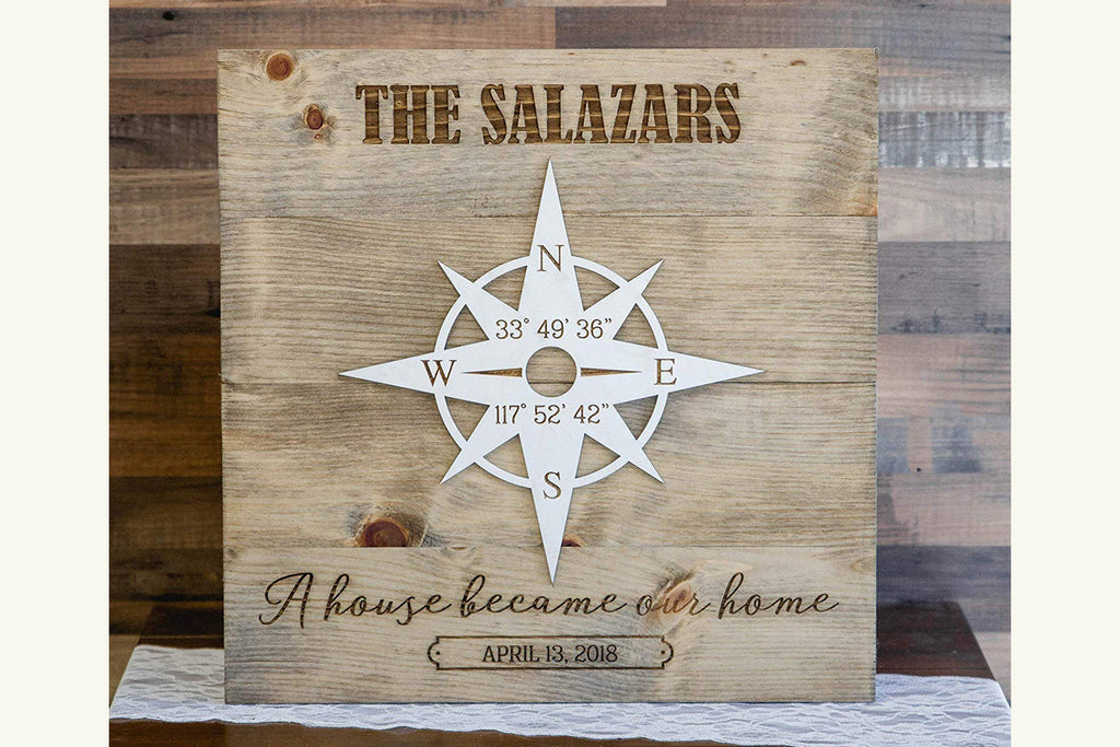 A House Became Our Home Sign with Compass Rose, Personalized with Client Name - Cades and Birch 