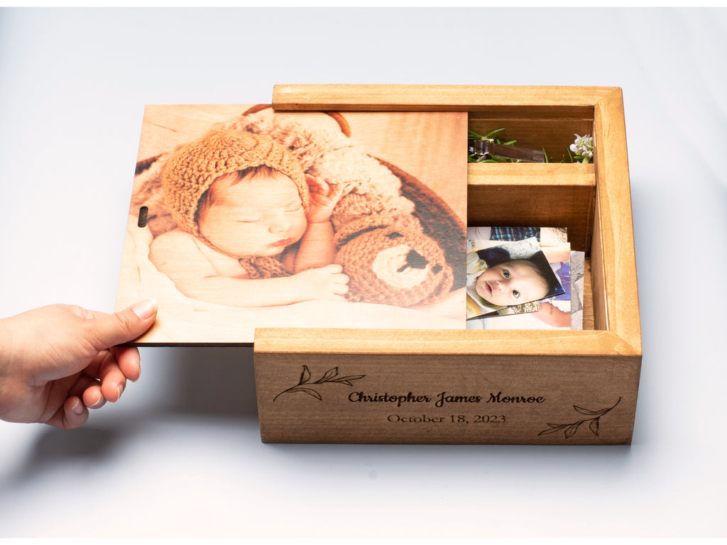 Handmade Photo Storage Box Solid Wood | USB Drive Box | Photo Print on Wood Lid | Personalized Engraved Baby Name | Photographer Package