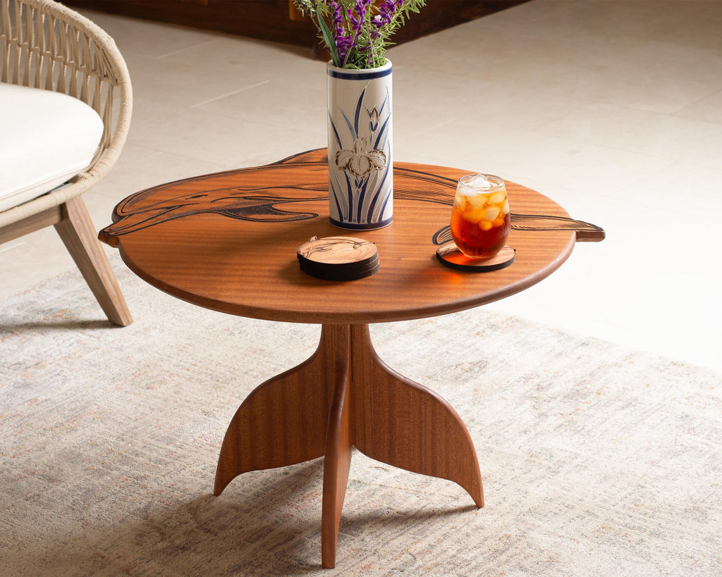 Dolphin Engraved Coffee Table | Round Hardwood Table | Artisan Handmade End Table