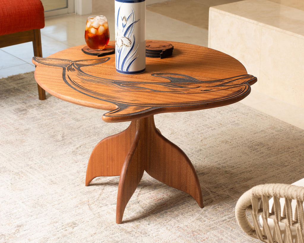 Dolphin Engraved Coffee Table | Round Hardwood Table | Artisan Handmade End Table