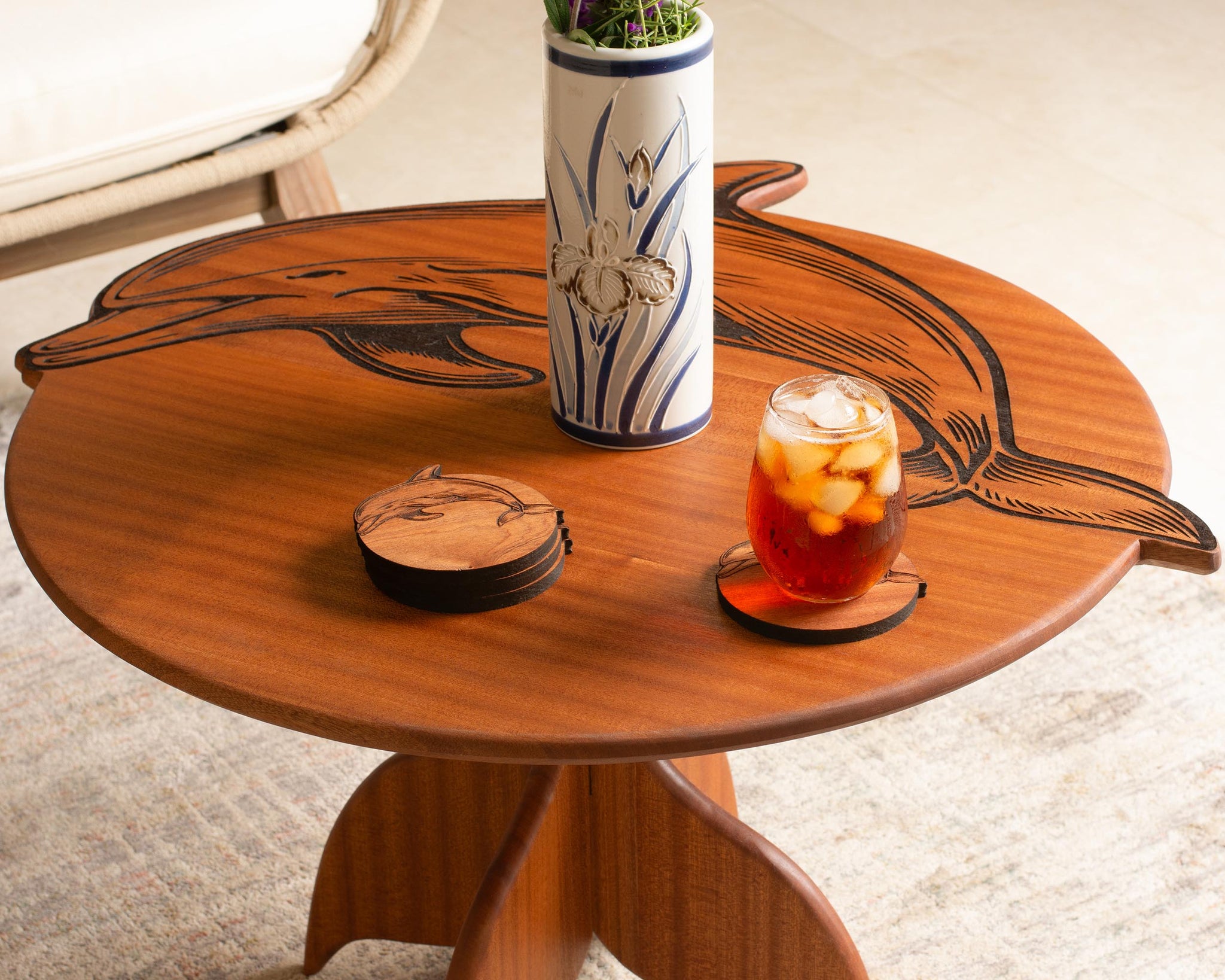 Dolphin Engraved Coffee Table | Round Hardwood Table | Artisan