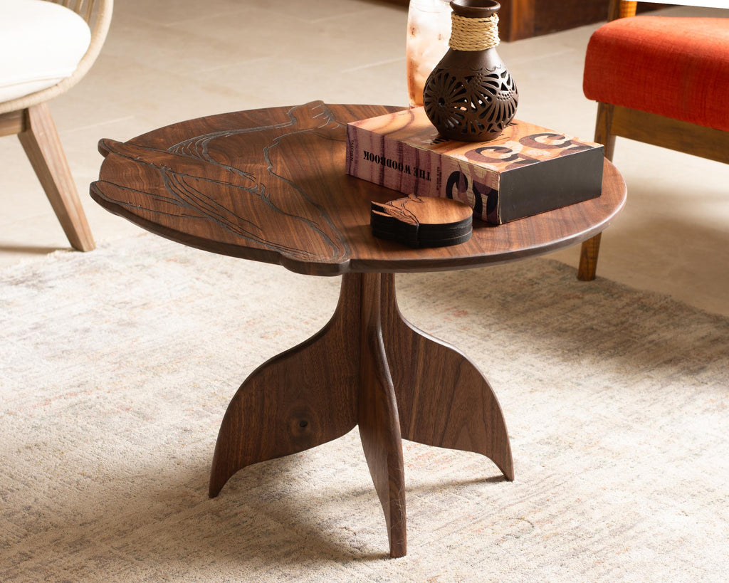 Humpback Whale Engraved Coffee Table | Round Hardwood Table | Artisan Handmade End Table