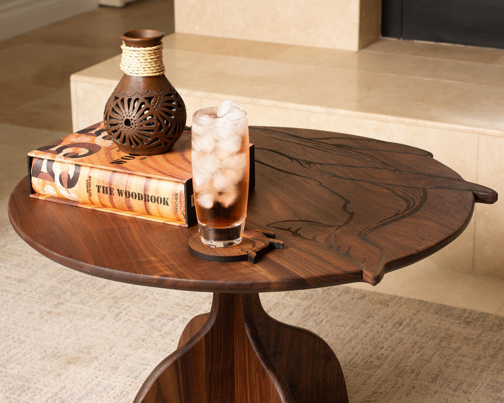 Humpback Whale Engraved Coffee Table | Round Hardwood Table | Artisan Handmade End Table