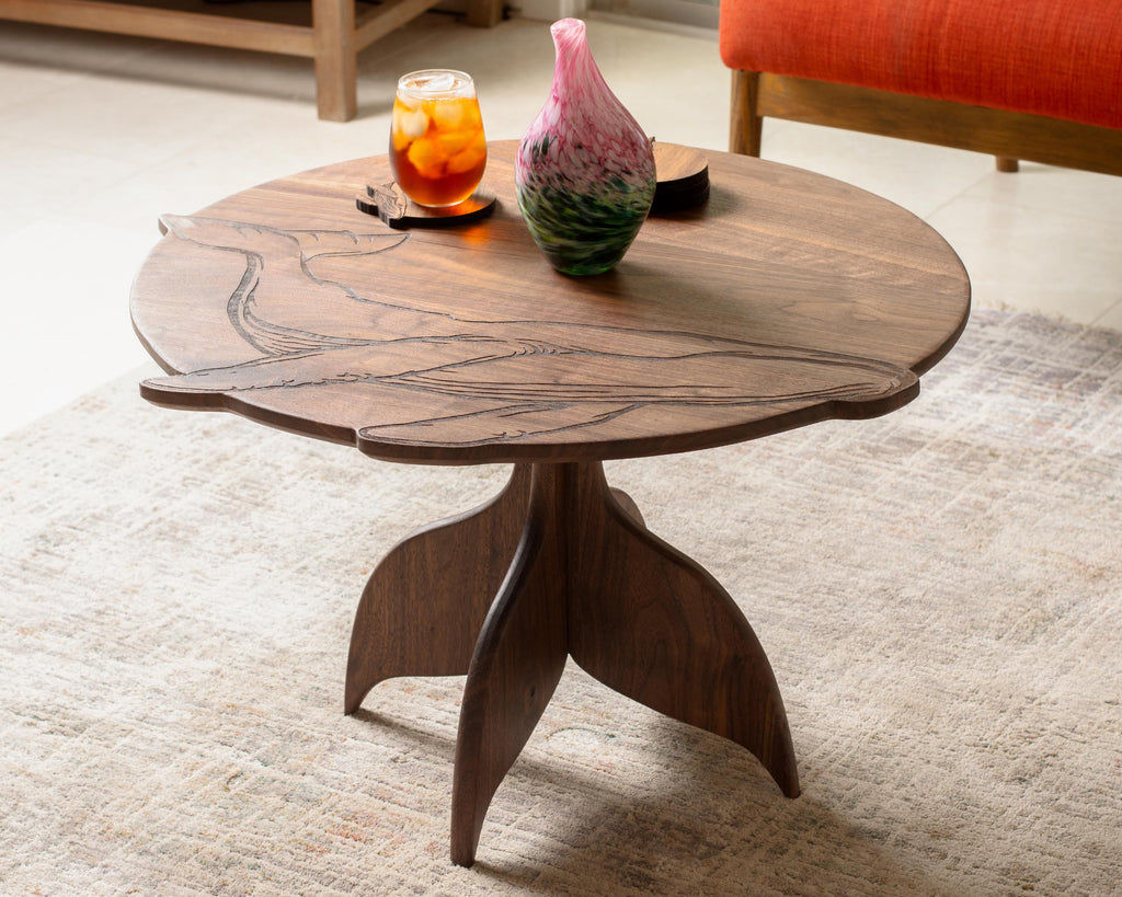 Humpback Whale Engraved Coffee Table | Round Hardwood Table | Artisan Handmade End Table