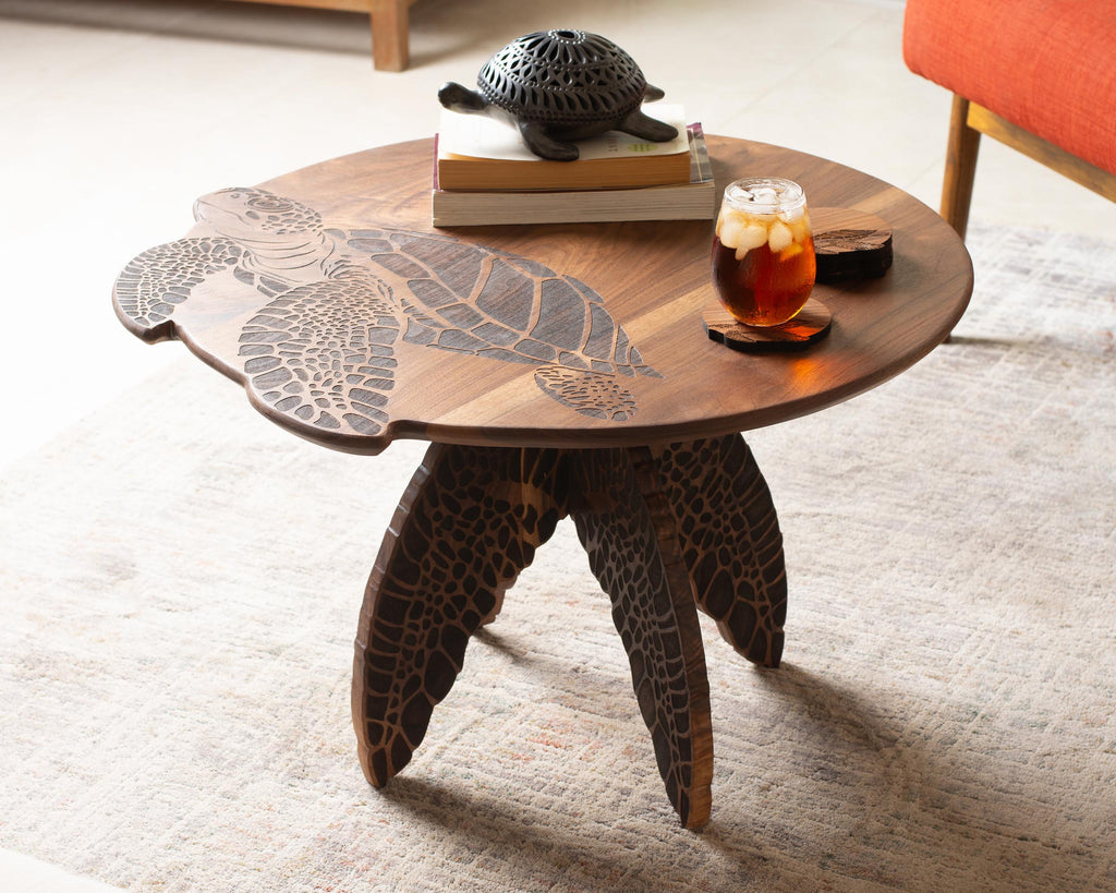 Turtle Engraved Coffee Table | Round Hardwood Table | Artisan Handmade End Table