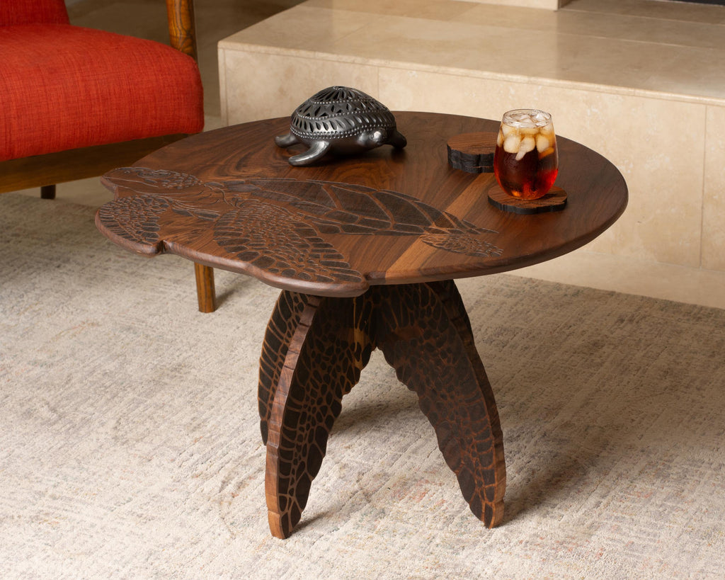 Turtle Engraved Coffee Table | Round Hardwood Table | Artisan Handmade End Table