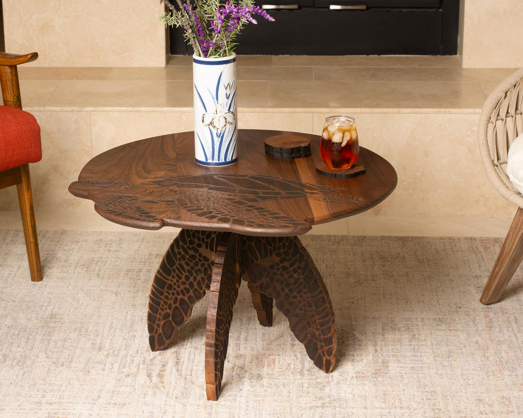 Turtle Engraved Coffee Table | Round Hardwood Table | Artisan Handmade End Table