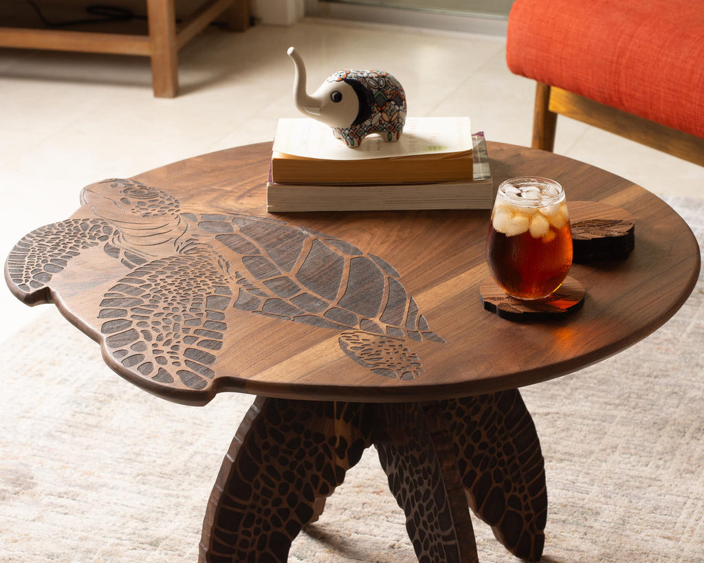 Turtle Engraved Coffee Table | Round Hardwood Table | Artisan Handmade End Table