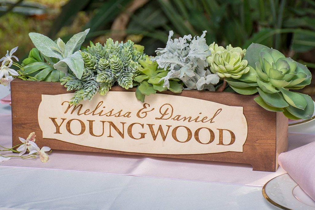 Rustic Wood Planter Box Wedding Centerpiece Vase - Personalized with First Names and Last Name - Cades and Birch 