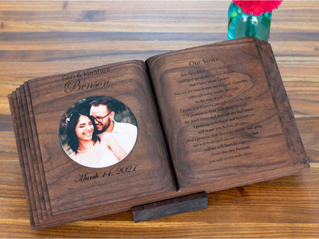 Couples Wedding Book - Solid Wood Bible with Personalized Verse, Vows or Quote, Photo