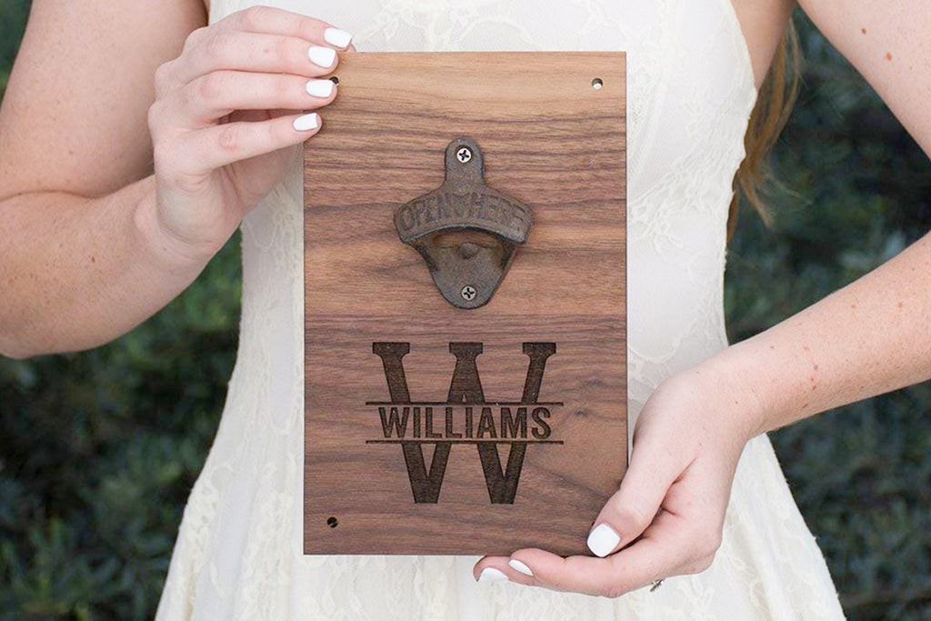 Engraved Walnut Wood Beer Bottle Opener Wall Mount - Personalized with Monogram Initial and Client's Last Name - Cades and Birch 