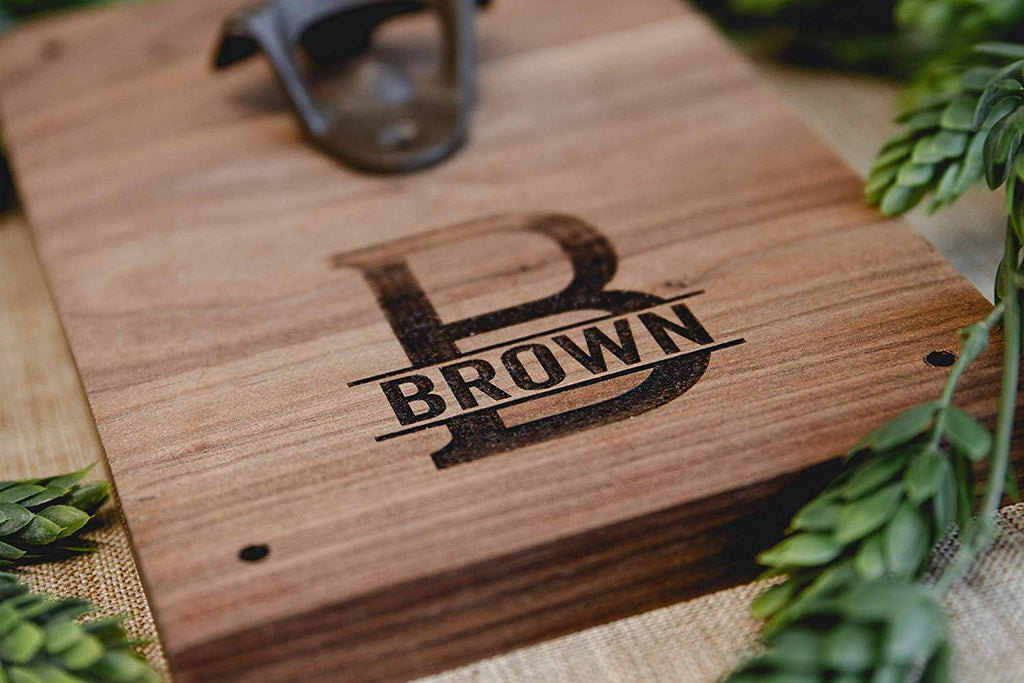 Engraved Walnut Wood Beer Bottle Opener Wall Mount - Personalized with Monogram Initial and Client's Last Name - Cades and Birch 