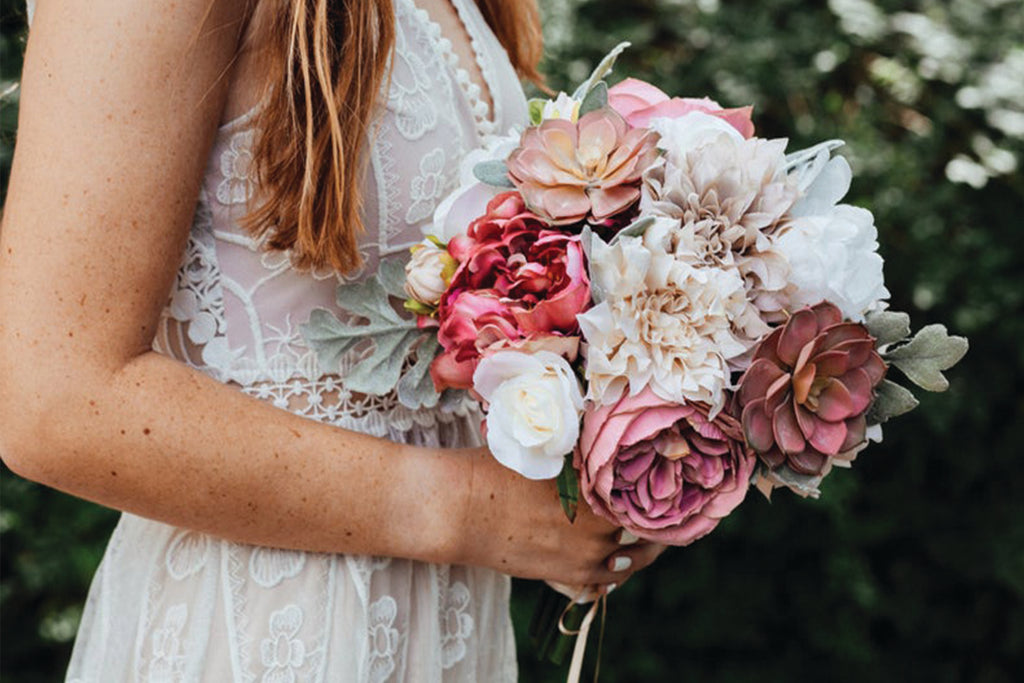 Silk Flower Bouquet Bridal Wedding, Antique Mauve, Dusty Rose, Pink, Beige, Cafe Au Lait, Cream, Succulents - Cades and Birch 