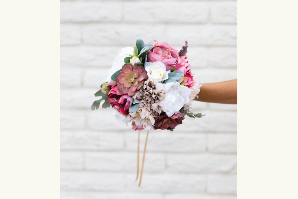 Silk Flower Bouquet Bridal Wedding, Antique Mauve, Dusty Rose, Pink, Beige, Cafe Au Lait, Cream, Succulents - Cades and Birch 