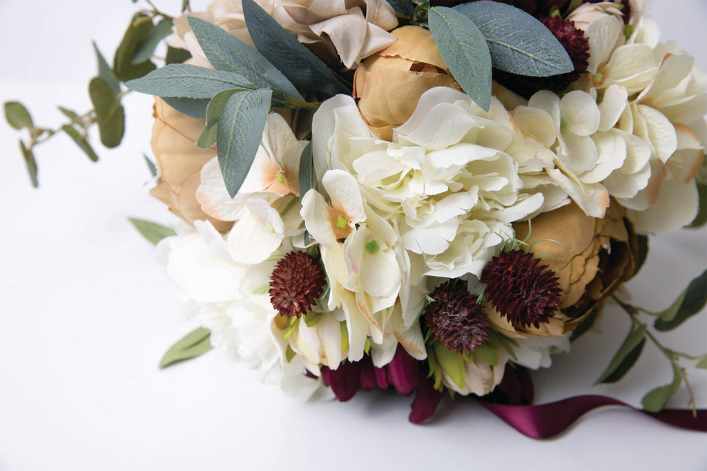 Silk Flower Bouquet Bridal, Autumn Fall Wedding Burgundy, Cream, White, Beige, Cafe au Lait, Eucalyptus, Thistle - Cades and Birch 