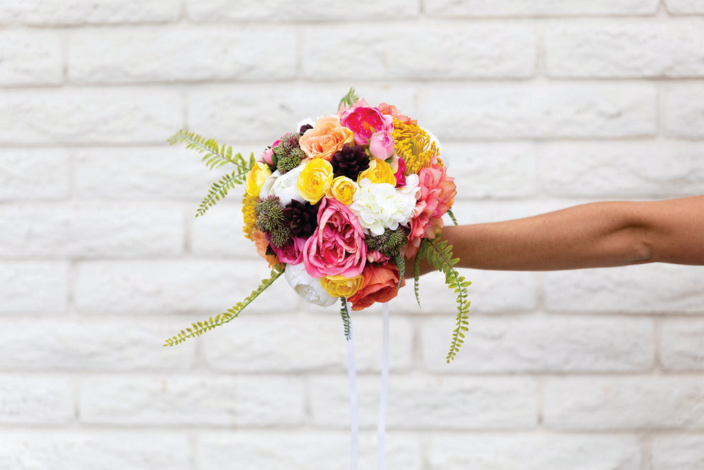 Bright and Vibrant Silk Flower Wedding Bouquet, Tropical Yellow, Pink, Peach, Coral, White, Succulent, Protea, Rose - Cades and Birch 