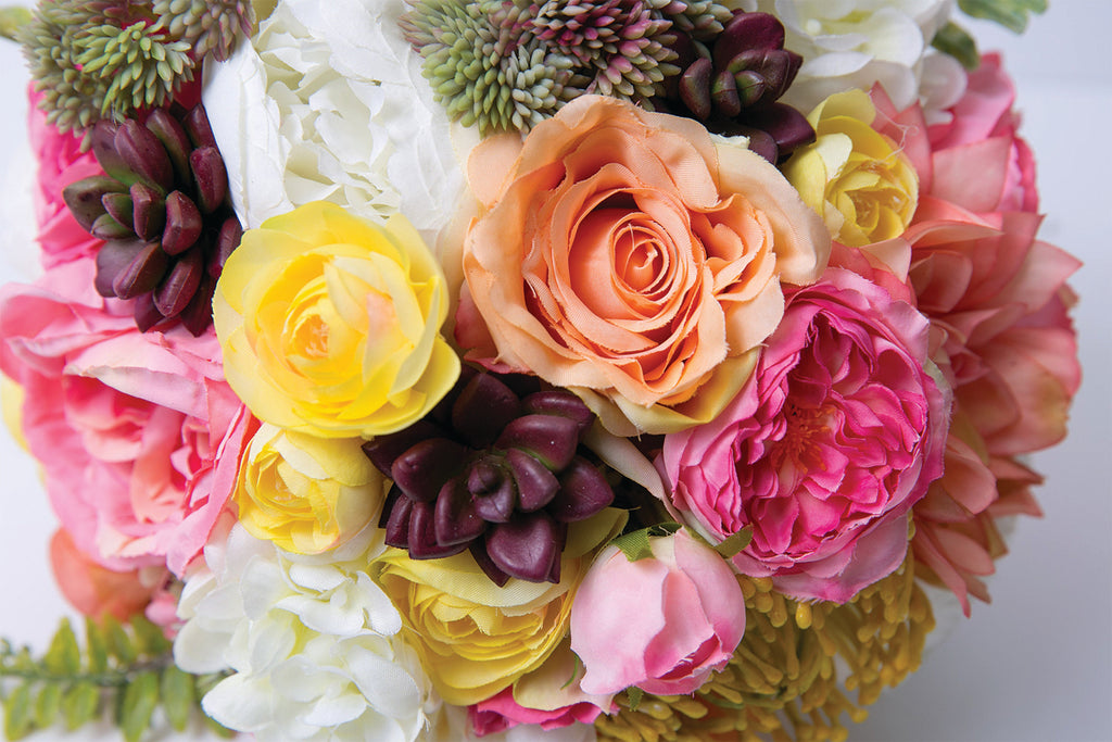 Bright and Vibrant Silk Flower Wedding Bouquet, Tropical Yellow, Pink, Peach, Coral, White, Succulent, Protea, Rose - Cades and Birch 