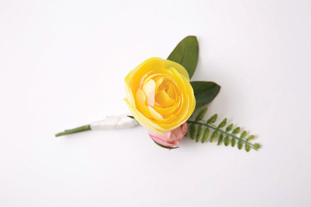 Boutonniere Yellow Ranunculus, Pink Rosebud, Tropical Fern Groom Groomsmen Wedding - Cades and Birch 