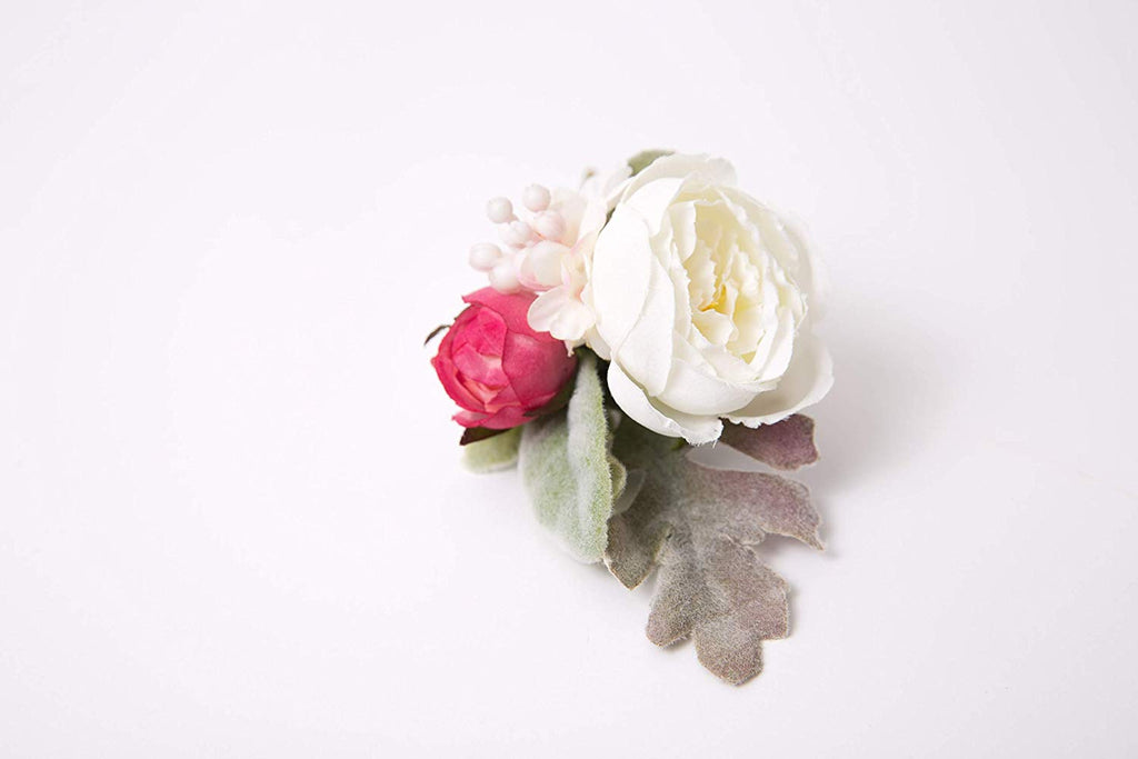 Boutonniere White Ranunculus, Pink Rosebud, Lilac Spray, Groom Groomsmen Wedding - Cades and Birch 