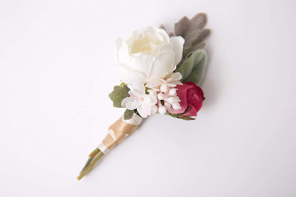 Boutonniere White Ranunculus, Pink Rosebud, Lilac Spray, Groom Groomsmen Wedding - Cades and Birch 