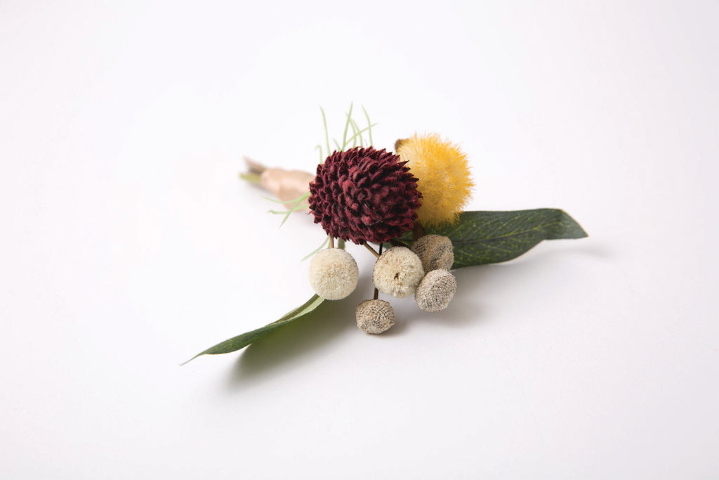 Boutonniere Burgundy Thistle, Yellow Billy Button and Eucalyptus Groom Groomsmen Fall Wedding - Cades and Birch 