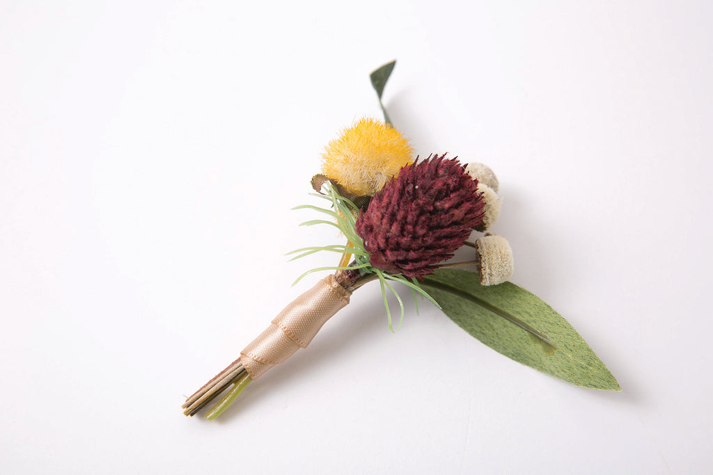 Boutonniere Burgundy Thistle, Yellow Billy Button and Eucalyptus Groom Groomsmen Fall Wedding - Cades and Birch 