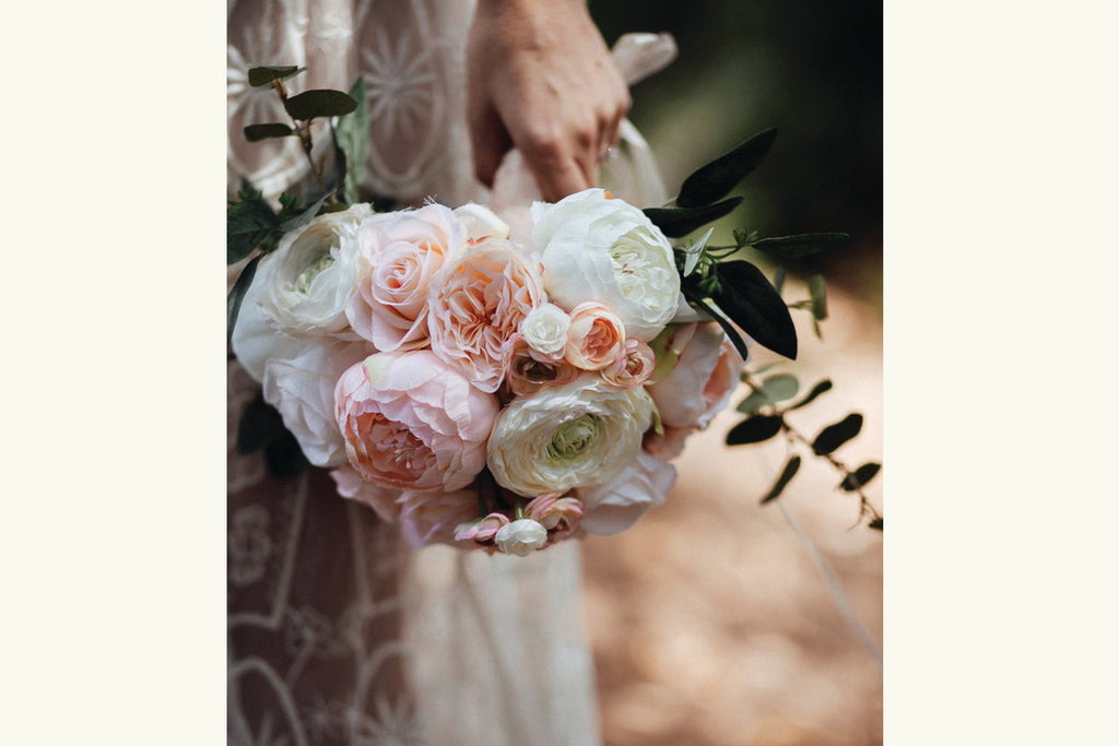Silk Flower Bouquet Bridal Wedding, Blush Pink, Cream, White, Eucalyptus Greenery - Cades and Birch 