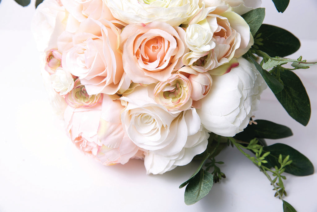Silk Flower Bouquet Bridal Wedding, Blush Pink, Cream, White, Eucalyptus Greenery - Cades and Birch 