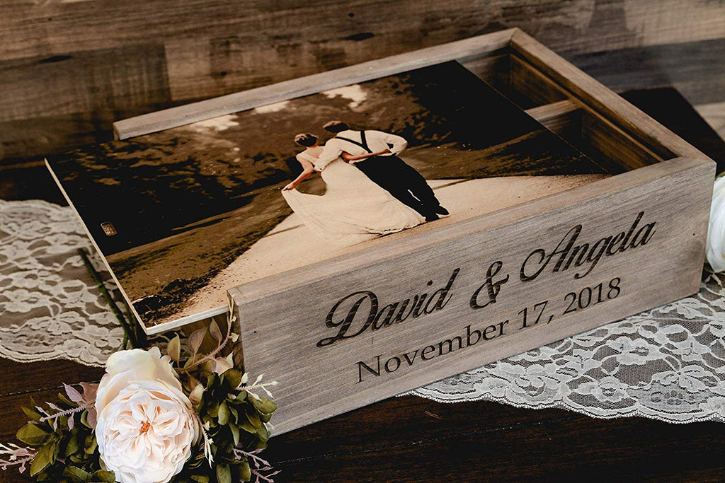 Wine and Letter Box Keepsake for Wedding Ceremony, Custom Photo on Wood Lid with First Names & Date Engraved on Side - Cades and Birch 