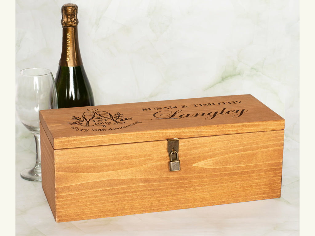Champagne Box with Lock | Extra Large Wine Box | Anniversary Time Capsule | Wood Box Custom Engraved with Names and Year - Cades and Birch 