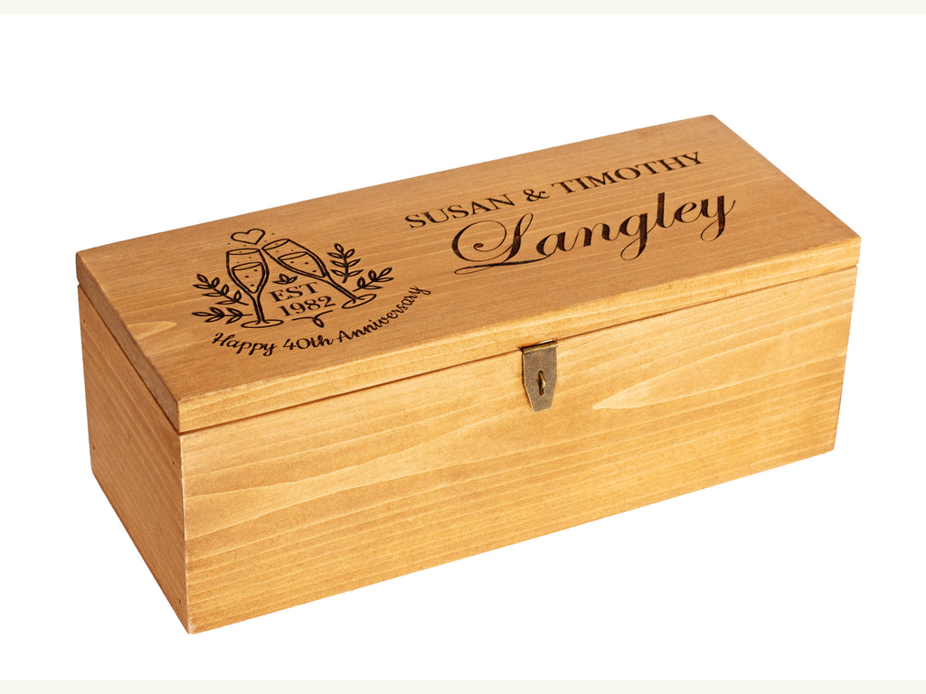 Champagne Box with Lock | Extra Large Wine Box | Anniversary Time Capsule | Wood Box Custom Engraved with Names and Year - Cades and Birch 