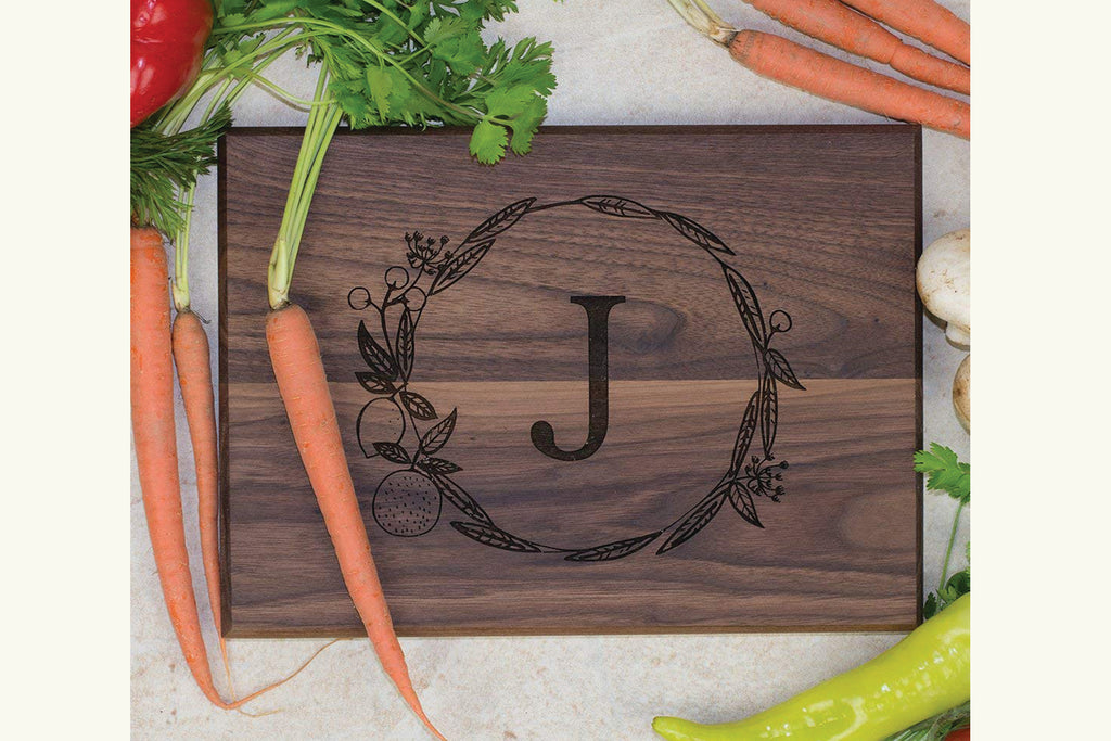 Family Monogram Cutting Board - Personalized with Client Initial, Citrus Wreath - Cades and Birch 