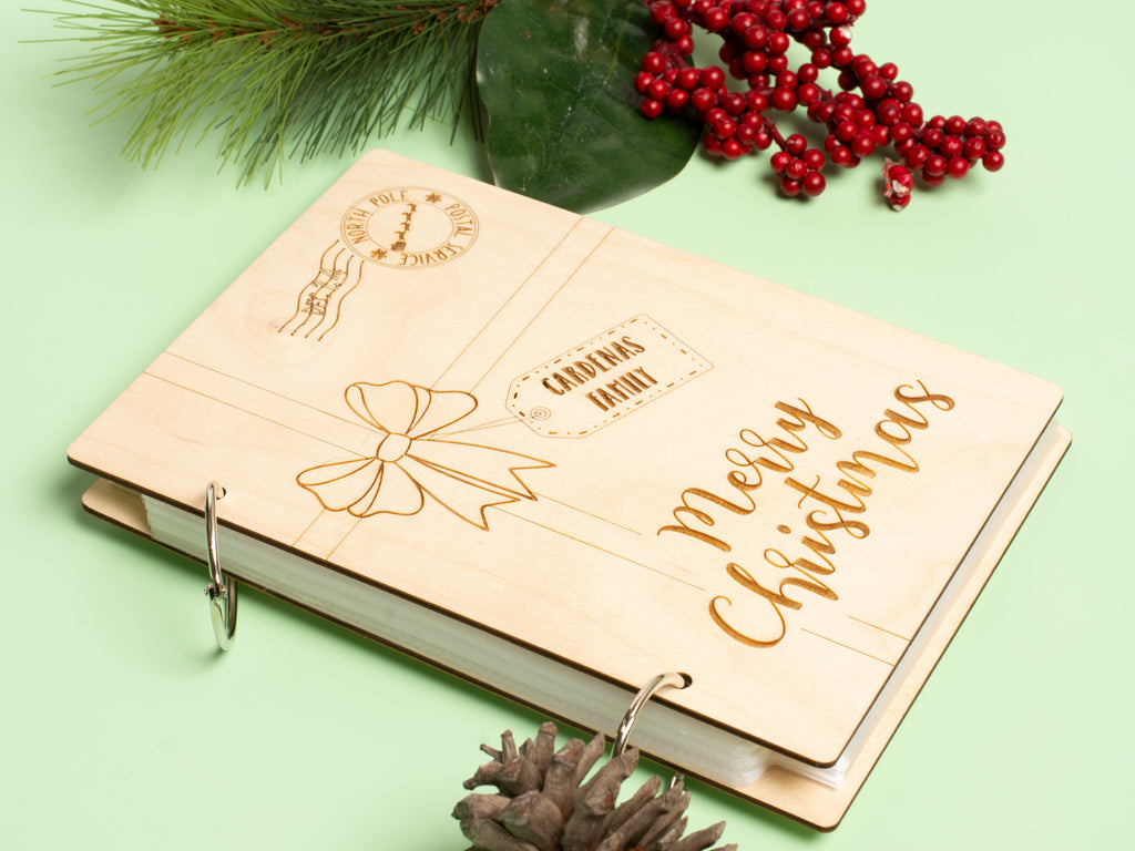 Personalized Christmas Card Keeper Gift 2 Ring Album Wood Cover