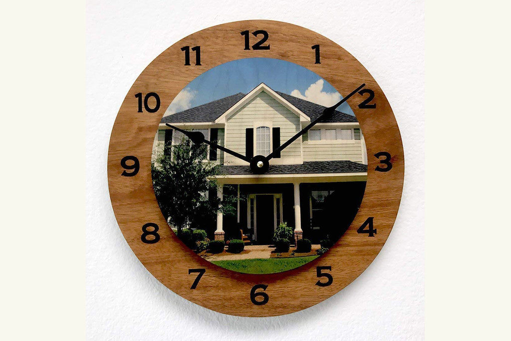 Handmade Solid Mahogany or Walnut and Birch Clock Personalized with Client House Photo - Cades and Birch 